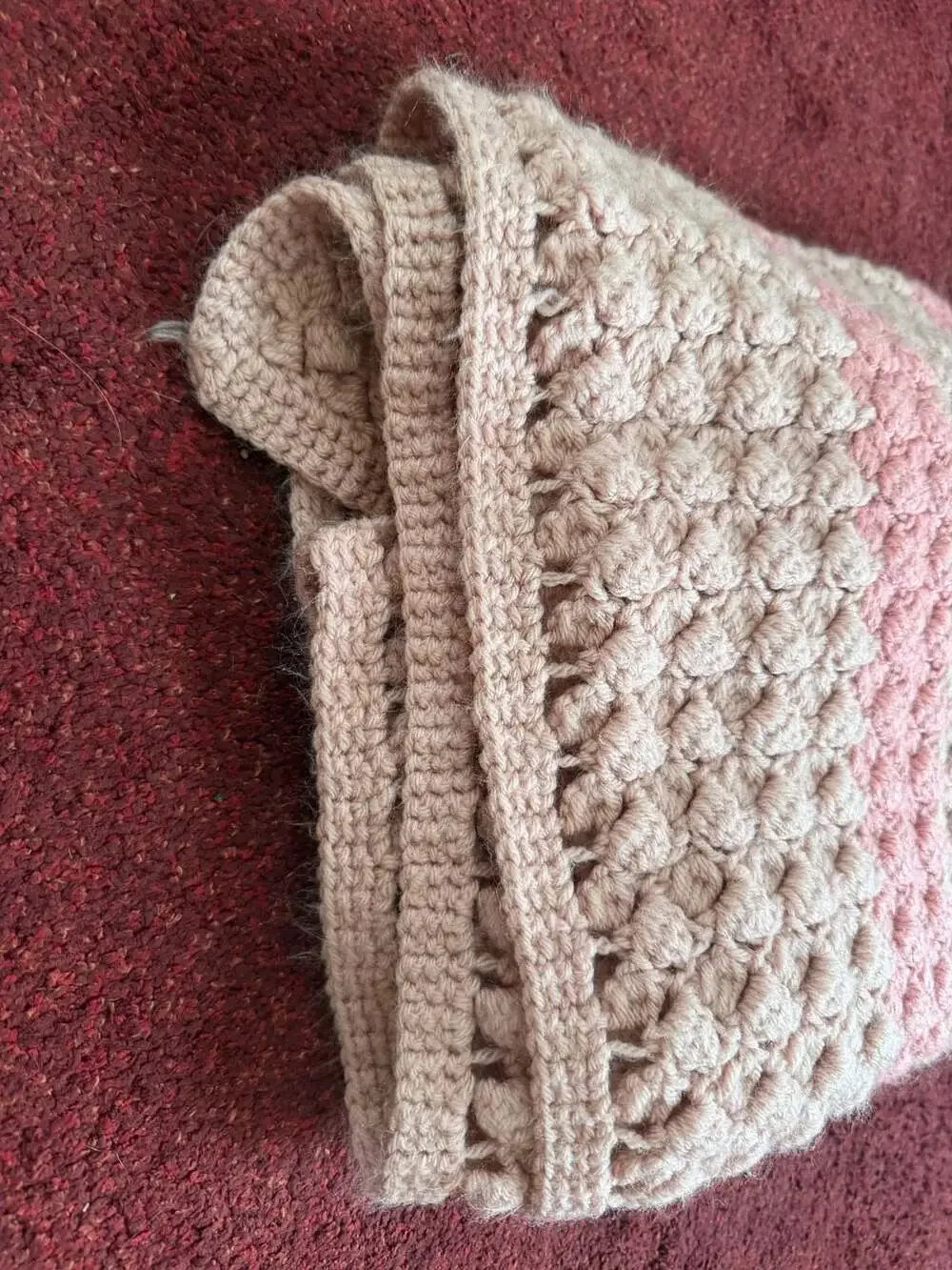 Handmade Crochet Baby Blanket Pink and Mauve/ tan Bobble Stitch 37 x 70 in